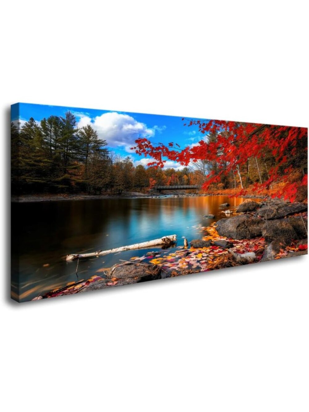 Lake Mountain Canvas Wall Art - Red Maple Leaf Nature Decor for Living Room